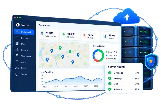Traccar dashboard showing GPS fleet tracking and platform status